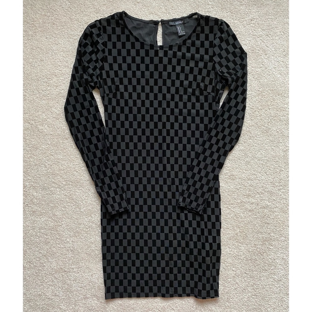 Sheer Checkered Velvet Bodycon Long-sleeve Dress